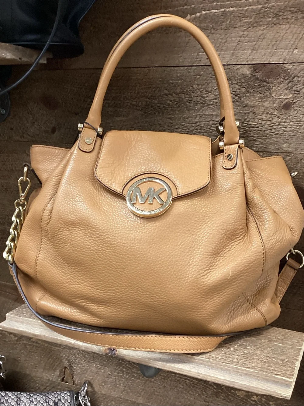 Michael Kors Caramel/Tan Pebbled Leather Shoulder Bag with MK Emblem